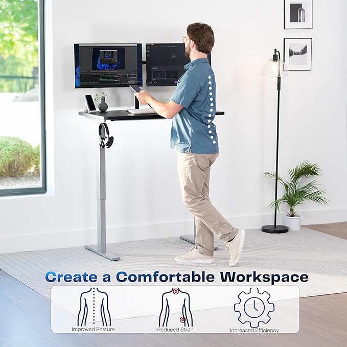 VIVO Electric 43 x 24 in Standing Desk, Memory Height Adjustment, 1B Series, Holds 220 lbs, One-Piece Black Top, Gray Frame, DESK-KIT-1G4B