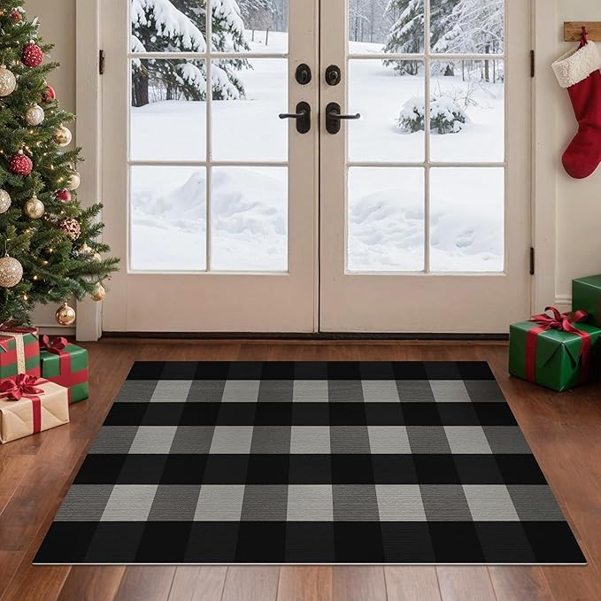 GENIMO Checkered Rug 27.5x43 inches Black and White Outdoor Rug Buffalo Plaid Rugs Mat Fall Doormats Washable Rug for Front Porch Decor Indoor Entrance Patio Balcony Entryway