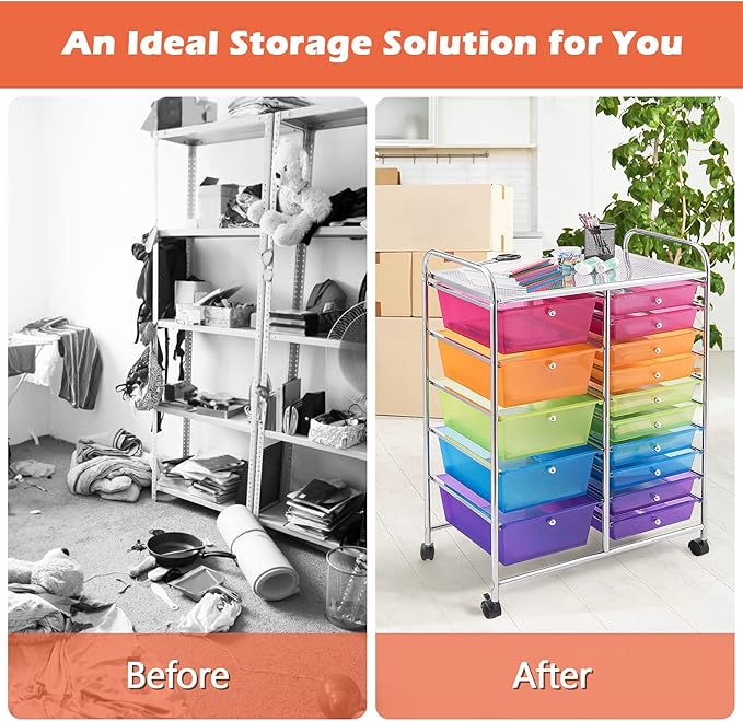 DORTALA 15-Drawer Rolling Storage Cart with Drawers, Rolling Utility Cart w/Removable Drawers & Universal Wheels, Tools Scrapbook Paper Organizer for School, Office, Home, Classroom (Rainbow)