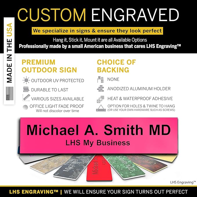 Custom Name Plate for Doors, with Choice of Mounting Holders for Walls, Doors, Cubicles, Hanging and More - Personalized Ribbon Pink Plastic Black Letters - USA Made 2x6 - B12