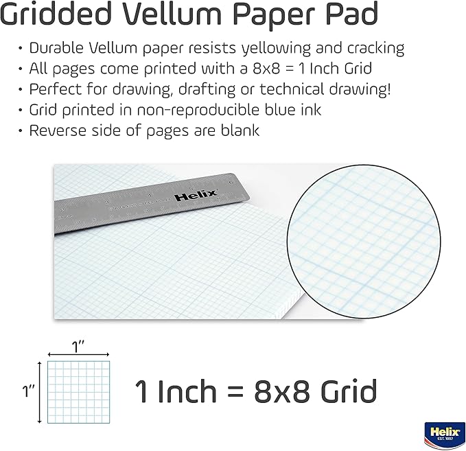 Helix - 100% Rag Vellum Paper Pad - 1 Inch Equals 8x8 Grid - 11 Inch x 17 Inch - 50 Sheet Pad - Acid-Free - Drafting, Art, Sketching and Tracing