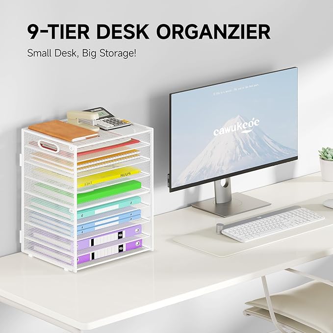 Cawukege 9 Tier Paper Organizer with Handle, Large Capacity Desk Organizer Mesh File Folder Letter Paper Tray Desktop Document Sorter for Classroom, School, and Office Accessories Organization- White