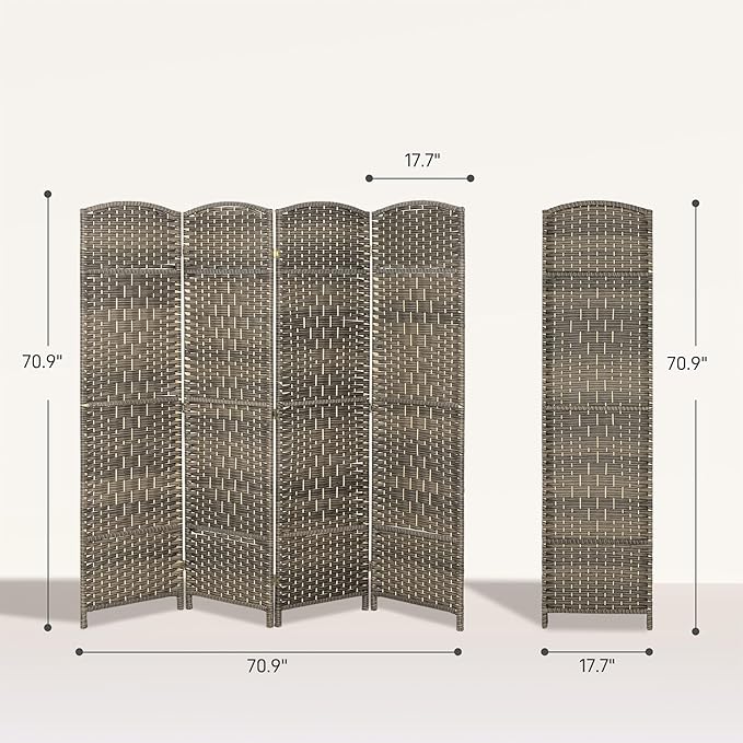 HOMCOM 4 Panel Room Divider, 6' Tall Folding Privacy Screen, Hand-Woven Freestanding Wall Partition for Home Office, Bedroom, Dark Rustic Oak