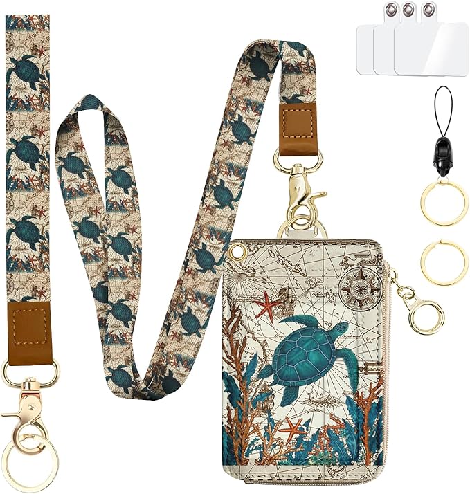bolimoss Turtle Lanyard Wallet with Id Badge Holder, Cute RFID Small Wristlet Keychain Wallet, Zipper Credit Card Holder Phone Wrist Neck Strap for Key Name Tag, Teacher Student Office Women