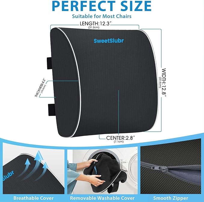 SweetSlubr Lumbar Support Pillow for Office Chair, Car Seats and Home Desks, Ergonomic Back Support with Double Adjustable Straps, Machine Washable Cover, Grey