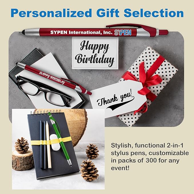 Personalized With your Custom Logo or Text Pens-Pack of 300- for Marketing, Parties, and Events, 2 in 1 Capacitive Stylus & Ballpoint Pen Compatible With Touchscreen Devices, Black Ink, Assorted