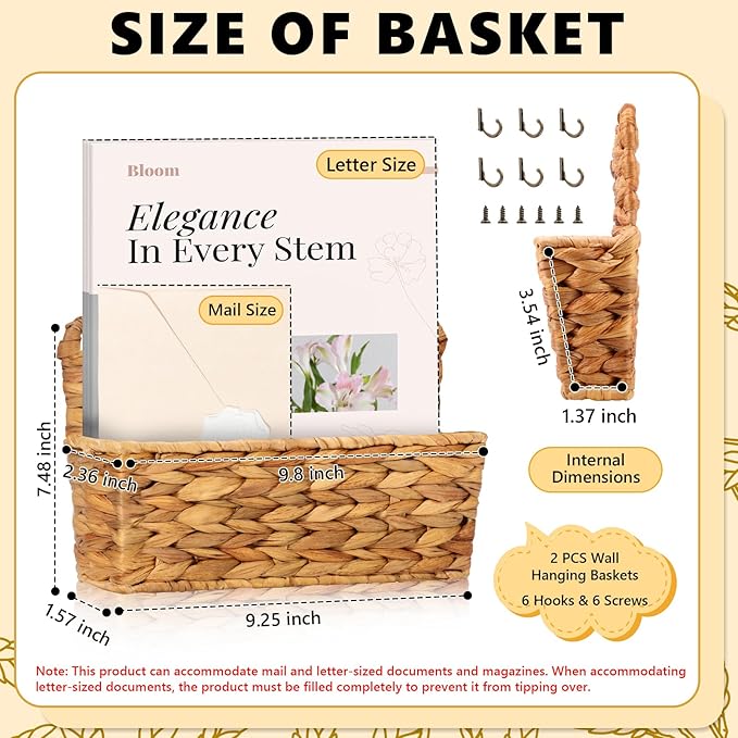 2 Pcs Woven Mail Holder Wall Mount Basket Rattan Wall Letter Holder Wicker Hanging Magazine Rack Water Hyacinth Magazine Basket Wall File Folder Hanging Storage Basket with Hooks for Envelope Office