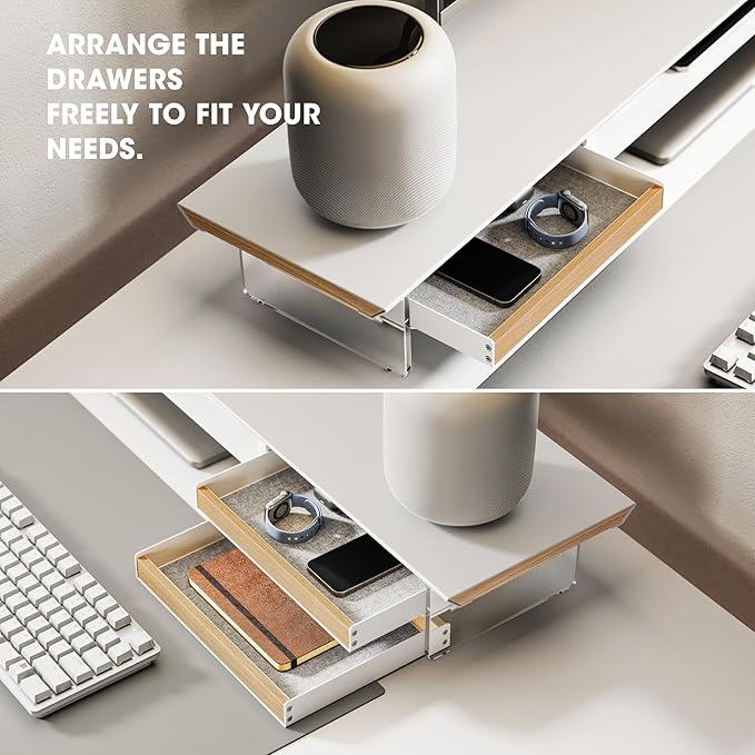Fenge Dual Monitor Stand with Drawer, 42.5 Inch Large Monitor Riser with Acrylic Legs Supports, Computer Stand for Desk, 2 Tier Wood Desk Shelf with Storage Organizer for PC, Laptop, Printer, TV