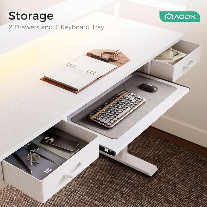 AODK Electric Standing Desk with Drawers & Keyboard Tray, 47 Inch Height Adjustable Small Gaming Desk with Power Outlets & LED Lights, Sit Stand Table with Monitor Stand for Home, Office, White
