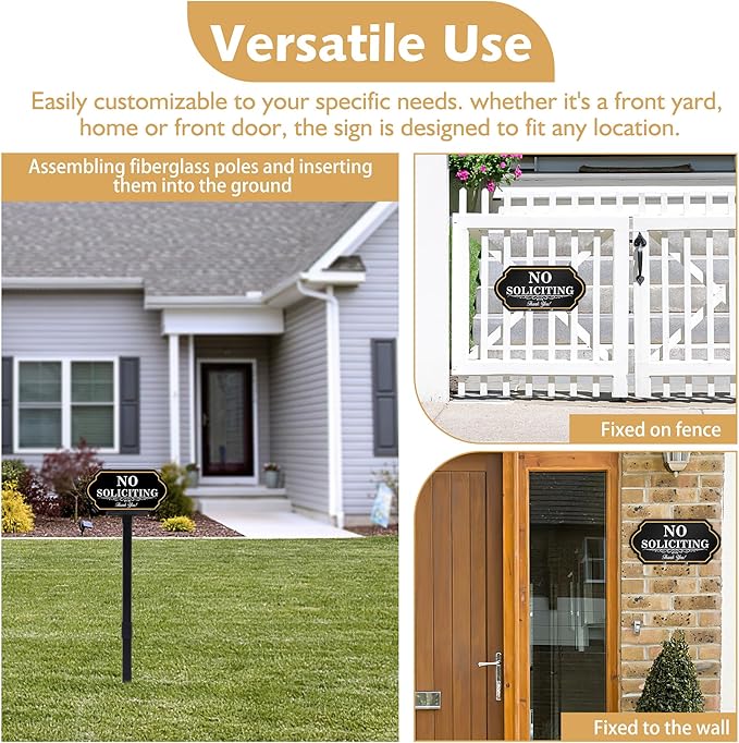No Soliciting Sign for House with Stake - 40-mil Thick Aluminum - 5x10 Inch/37 Inch High - Adjustable Height - Outdoor Yard Sign for Home and Front Door (A1513)