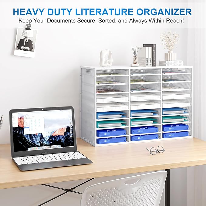 PAG-Mass Mail Sorter Adjustable Countertop Mail Holder, Heavy Duty Literature Organizer, Student Mailbox for Classroom, Desktop Bill Paper Organizer for Office Home School, 27 Compartments, White