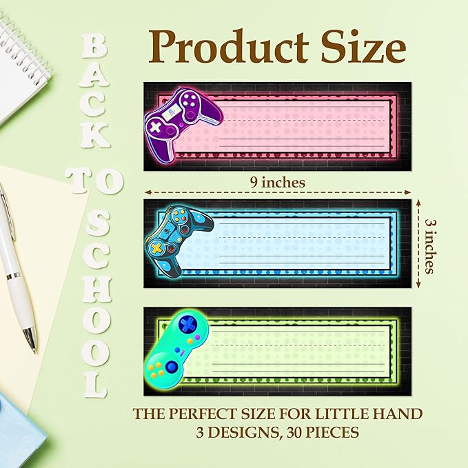 30 Name Tags for Classroom Cubbies, 3x9 in Video Game Name Plates for Desks, Classroom Must Haves for Teachers Elementary - A10