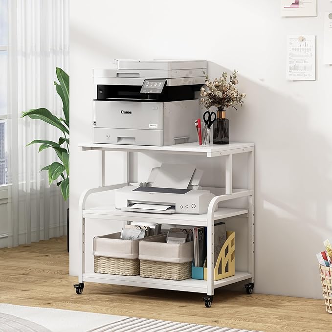 Fannova Printer Stand, 32.3" x 18.9" x 32.1" Extra Large Printer Table with Adjustable Storage Shelf, 3 Tier Rolling Printer Cart with Industrial Wheels for Home Office, White