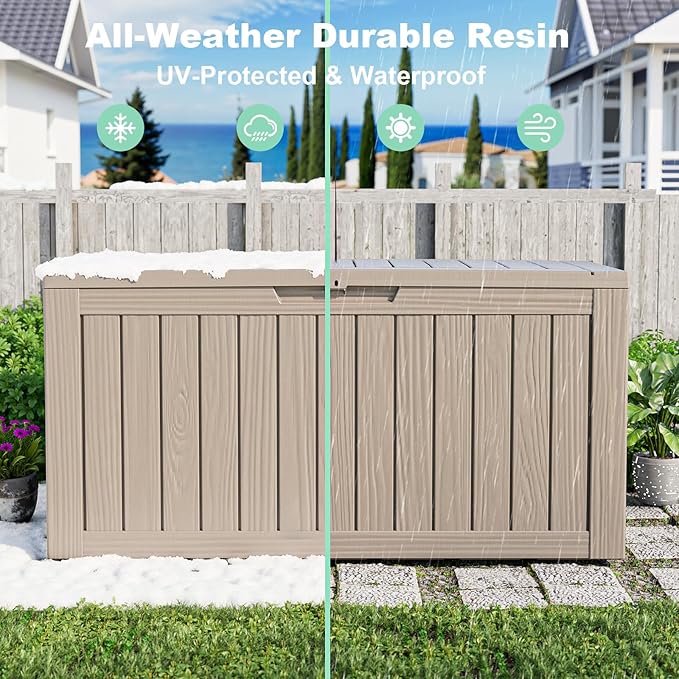 EasyUp 90 Gallon Deck Boxes Waterproof, Outdoor Large Storage Boxes with Lids, Outside Resin Storage Box & Deck Boxes for Patio, Garden Use(Gray)
