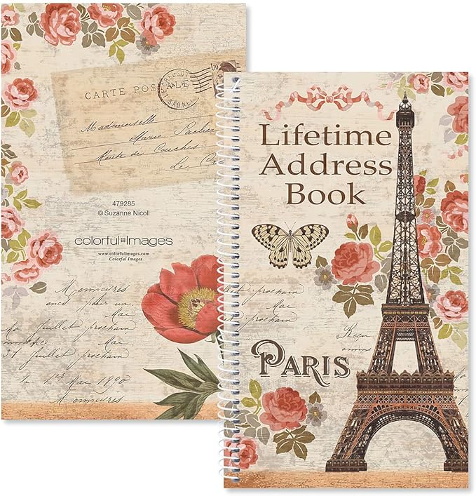 Current Parisian Postcard Address Book-94 Pages; Small 5" x 8-1/2" Size for Purse or Office,Spiral Bound Soft Cover Organizer for Contacts,Addresses, Email, & Phone Numbers + 50 Replacement Stickers