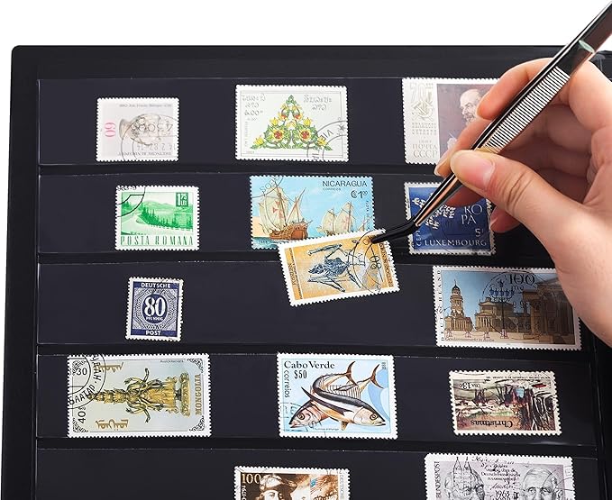 120 Pockets Stamp Album - Mixed Sizes Double-side Pages Artificial Leather Postage Stamp Holder Storage Book for Currency Banknotes Paper Folding Money Bills Documents Collection Black AS03MX1BK