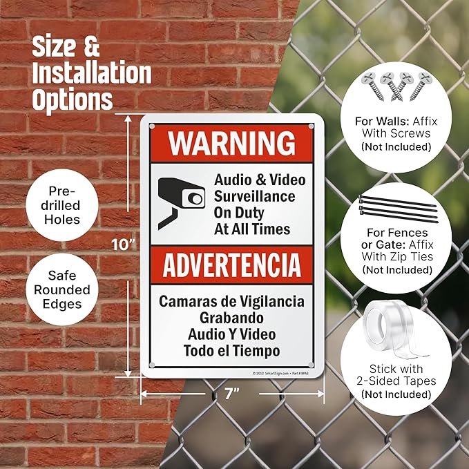 SmartSign "Warning - Audio & Video Surveillance On Duty At All Times" Bilingual Sign | 7" x 10" Aluminum