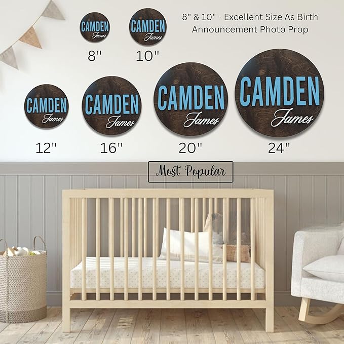 Custom Round Nusery Name Sign, Personalized 3D Baby Name Announcement Sign, Personalized Wooden Wall Plaque, 3D Wall Art for Children & Kids Rooms, Family Name Signs, 30 Colors (Design 9)