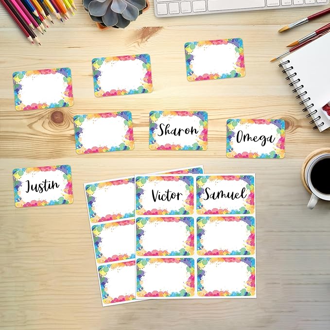 Lucleag 180PCS Watercolor Rainbow Name Tags Stickers, Rainbow Color Name Tag Labels Stickers for Back to School Classroom Student Office Desk Cubby Locker Theme Party Decoration, 2x3 inch
