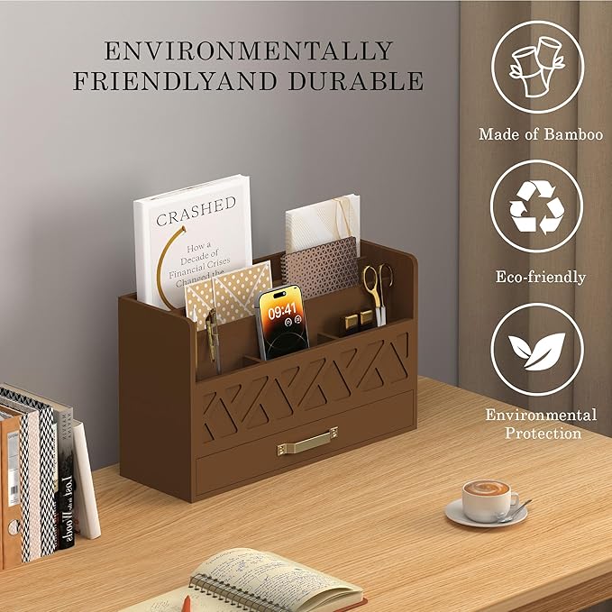 WISUCART Bamboo Mail Organizer Countertop Wood Desk Organizer Drawer Tabletop Storage Box Letter Sorter Makeup Organizer for School Home Office Supplies Brown
