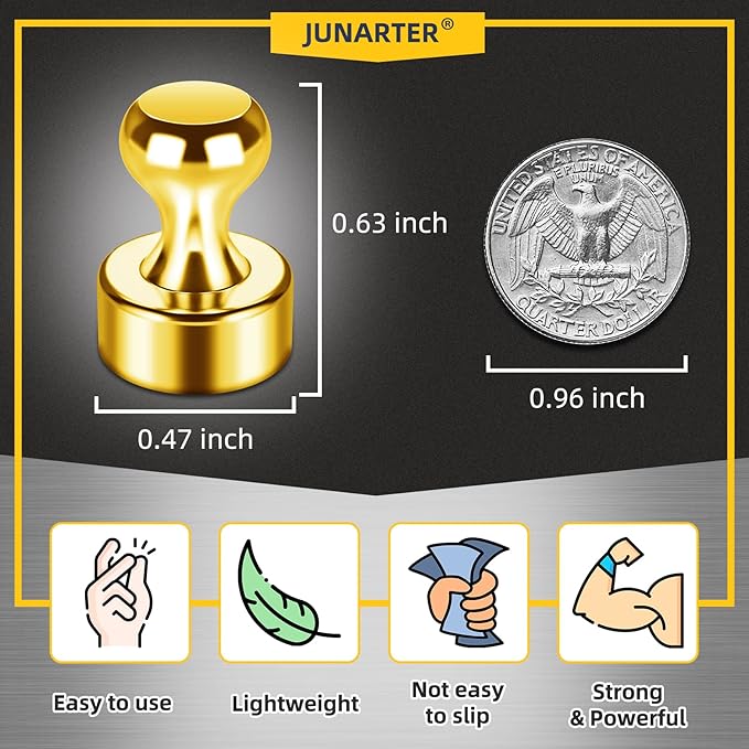 Junarter 20 Pack Magnetic Push Pins, Gold Strong Fridge Magnets, Whiteboard Magnets, Refrigerator Magnets Strong, Dry Erase Board Magnets for Fridge, Whiteboard, Office, Classroom, Kitchen, Map