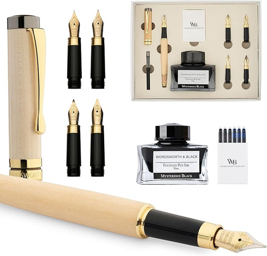Wordsworth & Black Fountain Pen Gift Set, Includes Ink Bottle, 6 Ink Cartridges, Ink Refill Converter, 4 Replacement Nibs, Luxury Bamboo, Journaling, Calligraphy, Smooth Writing Pens [Maple Wood]