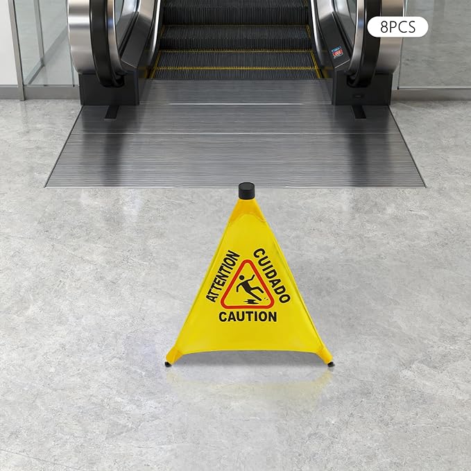 20 inch Wet Floor Sign 8 Pcs, Pop up Foldable Wet Safety Signs with Storage Tube Commercial Caution Safety Cone Pop up Caution Sign, for Stores Grocery Restaurant Restroom Office Hotel (8)