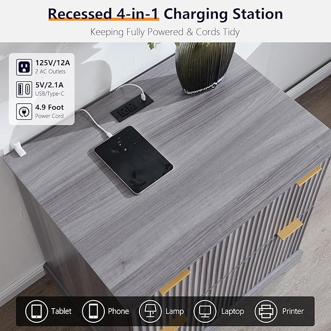 JXQTLINGMU 2 Drawer File Cabinet with Charging Station, 30" Fluted Lateral File Cabinet w/Files Hanging Rod for Letter/Legal/A4, Large Tabletop for Printer, Office Wood Printer Cabinets, Grey