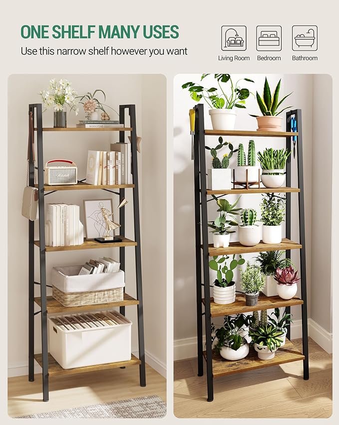 Hzuaneri Ladder Shelf, Bookshelf Bookcase, Freestanding Corner Storage Shelve with 2 Hooks for Home Office, Living Room, Kitchen, Bedroom, Industrial, 11.8" D x 23.6" W x 63" H, Rustic Brown BC19301B
