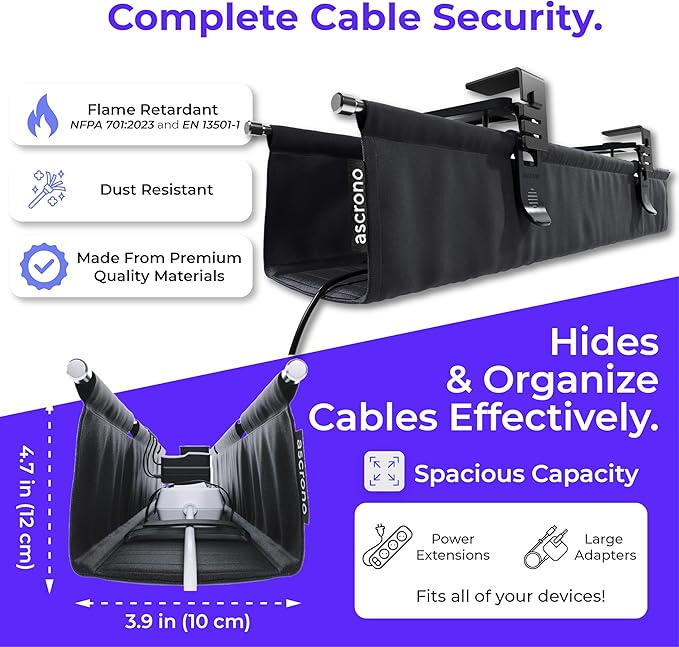 Ascrono Original No Drill Under Desk Cable Management Tray 53.9" - Premium Black Fabric Cable Management Under Desk - Clamp/Screw Mount Cord Organizer - Supports Upto 66lbs - Extra Large
