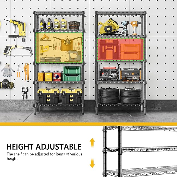 M MZG 1250 lbs 5 Tier Shelf Metal Storage Shelves Shelving Wire Rack Heavy Duty Closet Organizers for Garage Kitchen Bathroom Laundry Black 13.8" D x 29.5" W x 59.5" H