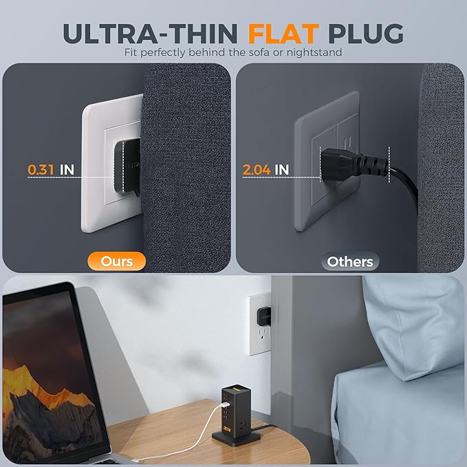 Charging Station 30W, TESSAN 9-in-1 Charger Blocks for iPhone 17/16/15/14, Tablets, Earphone with Surge Protector, 5ft Flat Extension Cord with 4 USB A, and 2 USB C for Home, Office, Dorm, Black