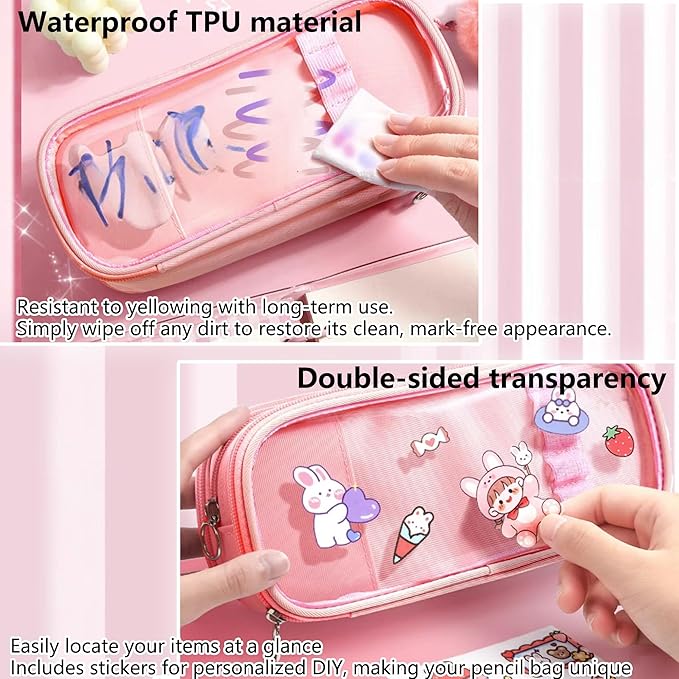 UINSUE Cute Pen case Adorable Bunny Transparent 3-Layer Large Capacity Pencil Case Gadget organizer with Lovely Stickers (Pink-Bunny)
