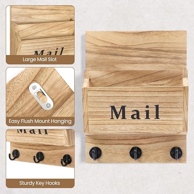 Lucundm Mail and Key Holder - Decorative 9.8" x 12.5" Wall Key Hanger with 2 Mail Organizer Slots and 3 Hooks - Real Paulownia Wood with Keyhole Brackets, Hardware and Instructions (Wood)