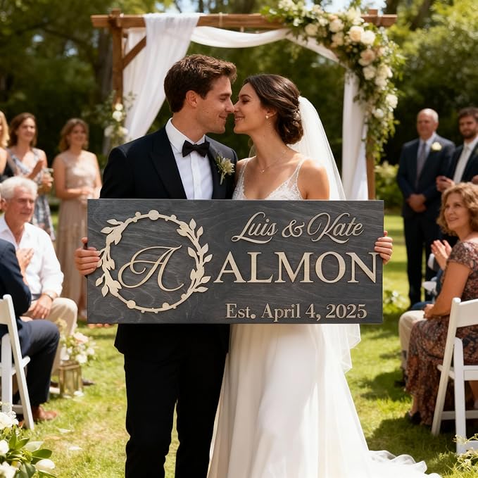 Custom Family Name Sign | Personalized Wooden Wedding Gift | Rustic Last Name Wood Plaque | Established Date Sign |Аnniversаrу (Almon Style)