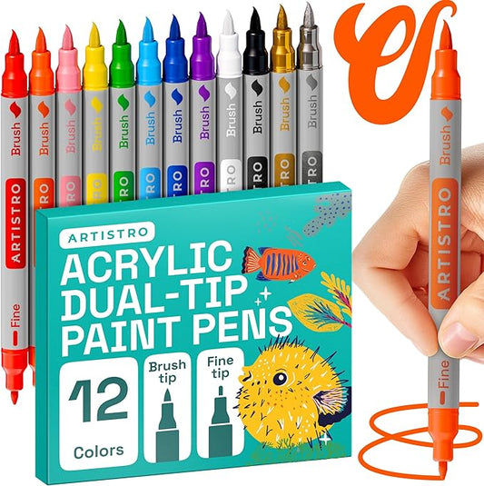 ARTISTRO 12 Acrylic Paint Markers - Paint Pens Dual Tip Brush + Fine Ideal for Calligraphy - Perfect for Fabric, Rock, Glass, Wood, DIY - Art Supplies, Stocking Stuffers, Christmas Gift Idea