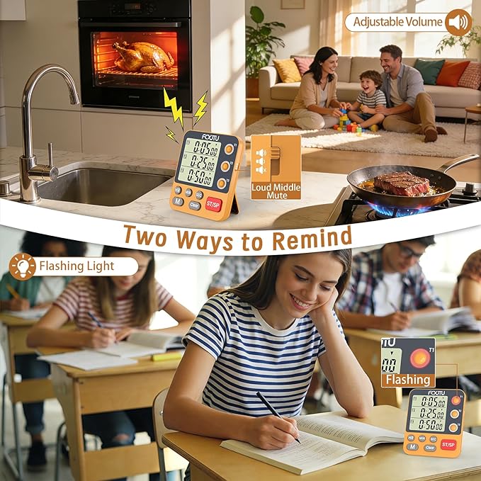 FCXJTU Digital Dual Triple Kitchen Timer, 3-Channel Magnetic Countdown Timer for Cooking, Large Display Stopwatch Multi Food Classroom Timer Loud Alarm for Seniors Teachers Battery Included (Orange)