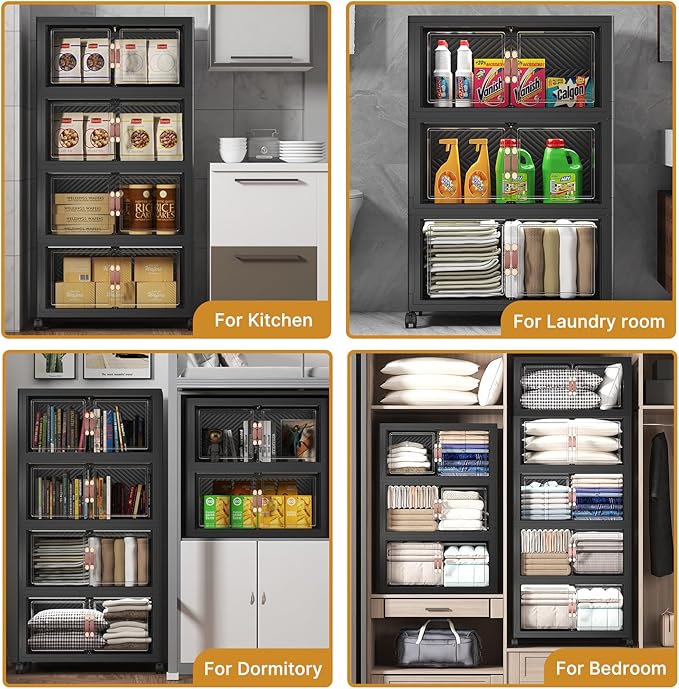 UAMFURI Extra Large Stackable Storage Bins with Lids & Wheels & Door, 416QT-52QT/13GAL*8Pack Foldable Collapsible Closet Organizers, Plastic containers drawers for bedroom Dorm
