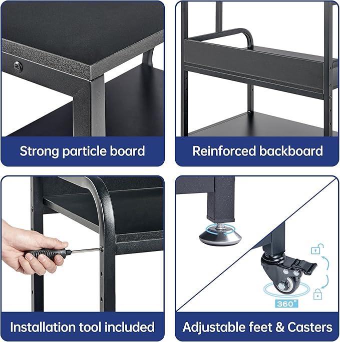 Fannova 32.3" x 18.9" Extra Large Printer Stand Table with Adjustable Storage Shelf, 3 Tier Rolling Printer Cart with Industrial Wheels for Home Office, Black