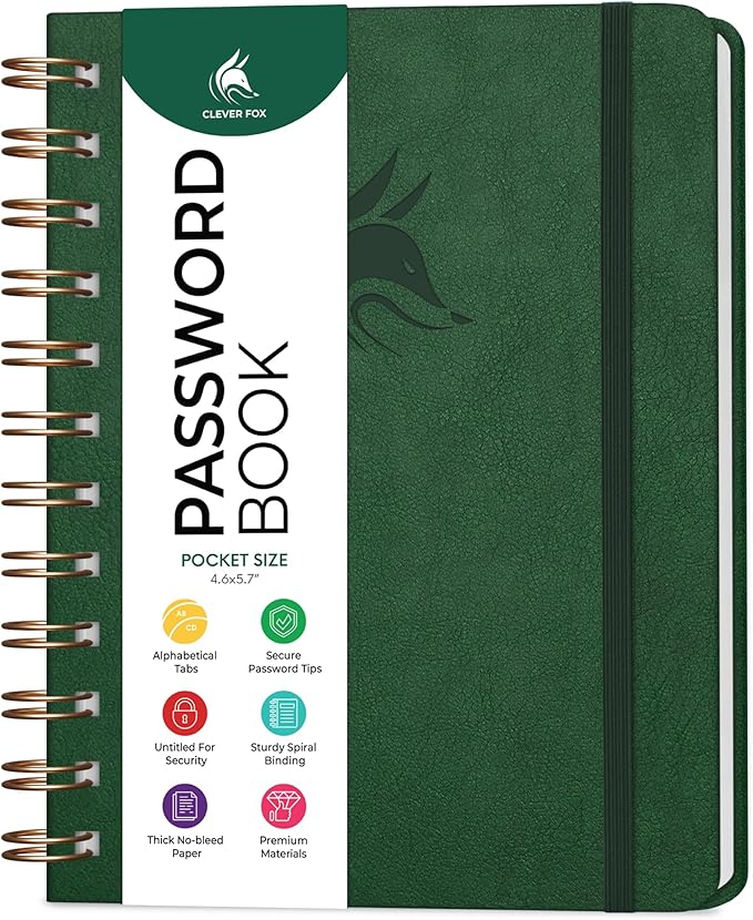Clever Fox Password Book Spiral – Mini Internet Address & Password Organizer with Laminated Alphabetical Tabs – Small Password Keeper Journal – Hardcover, Pocket Size, 4.7x5.7” (Dark Green)