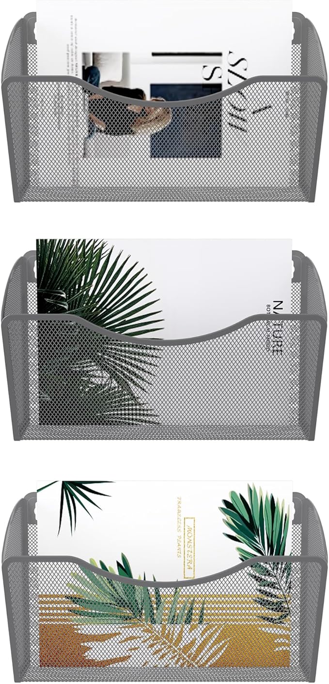EasyPAG 3 Single Pocket Wall File Organizer, Mesh Hanging File Folder Organizer for Letter/A4 Size Folders, Wall Mounted Vertical Mail Holder for Paperwork, Office, Home, School, Silver