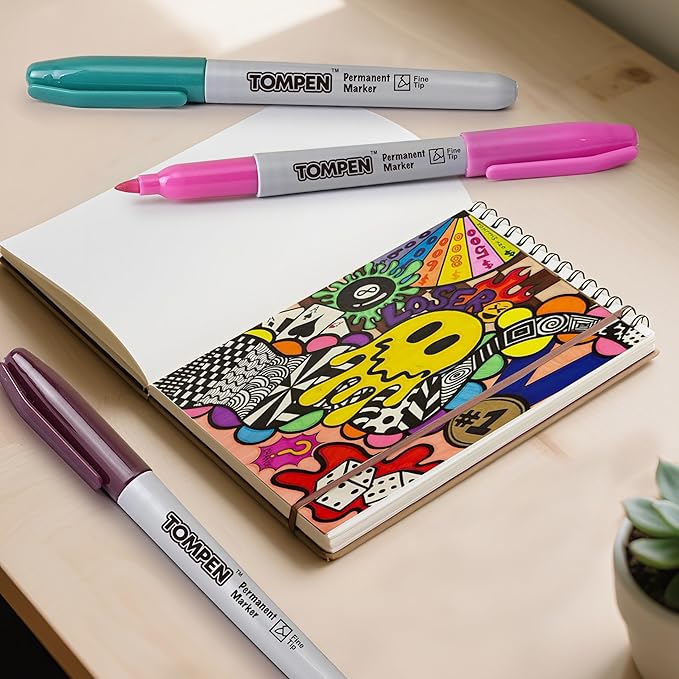TOMPEN Permanent Markers Fine Tip 100 Pack Bulk,10 Assorted Colors,Waterproof Permanent Marker with Quick Drying on Valentine's Day card,Wood,Plastic,Paper,Metal,Mirror for Office School Classroom