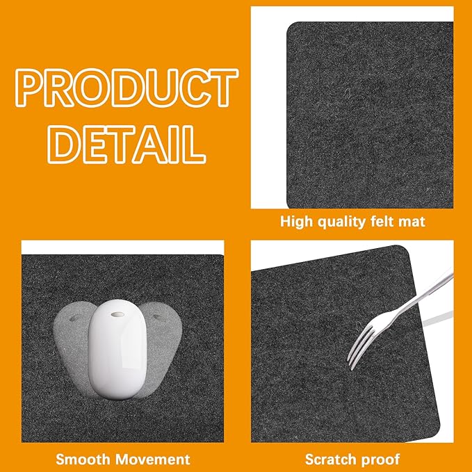 2 Pcs Large Felt Desk mat 36x12 inches, with Non-Slip Full Desk Mouse Pad,Office Computer Desk Mat for Keyboard,Felt Desk Mat for Desk Pad Protector (Dark Gray)