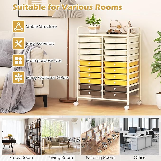 Happygrill 20-Drawer Organizer Cart Tools, Mobile Utility Storage Cart with Removable Drawers & Lockable Wheels, Rolling Storage Cart with wheels for Home Office School (Yellow, Beige & Grey)