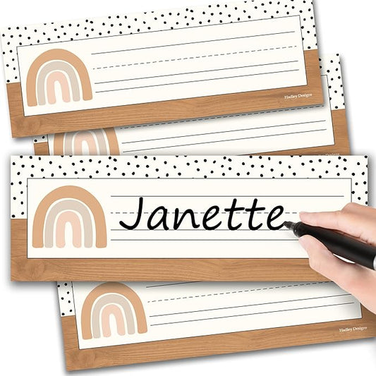 Desk Name Tags for Classroom -25 Student Name Plates for Classroom Kindergarten, Preschool, 1st, 2nd & 3rd Grade, 9x3 Teacher Nameplates for Student Desks & Cubbies, Boho Nametags