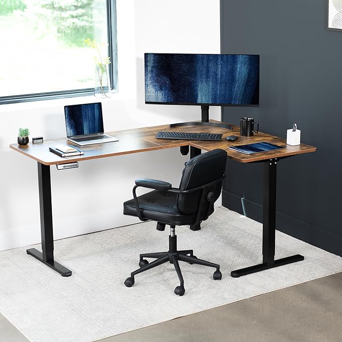 VIVO Electric Corner 63 x 47 inch L-Shaped Standing Desk, Memory Height Adjustment, Rustic Vintage Brown Top Black Frame, DESK-E3CTN-47