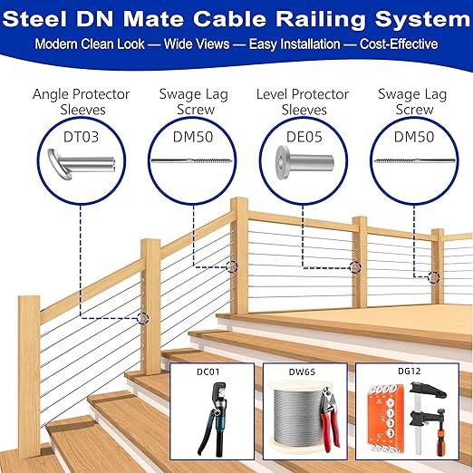 Steel DN Mate 50 Pack Stainless Steel Protector Sleeves for 1/8" 5/32" or 3/16" Cable Railing, Cable Protector Sleeves for Deck Railing System,T316 Cable Railing Hardware with a Drill Bit, DK05