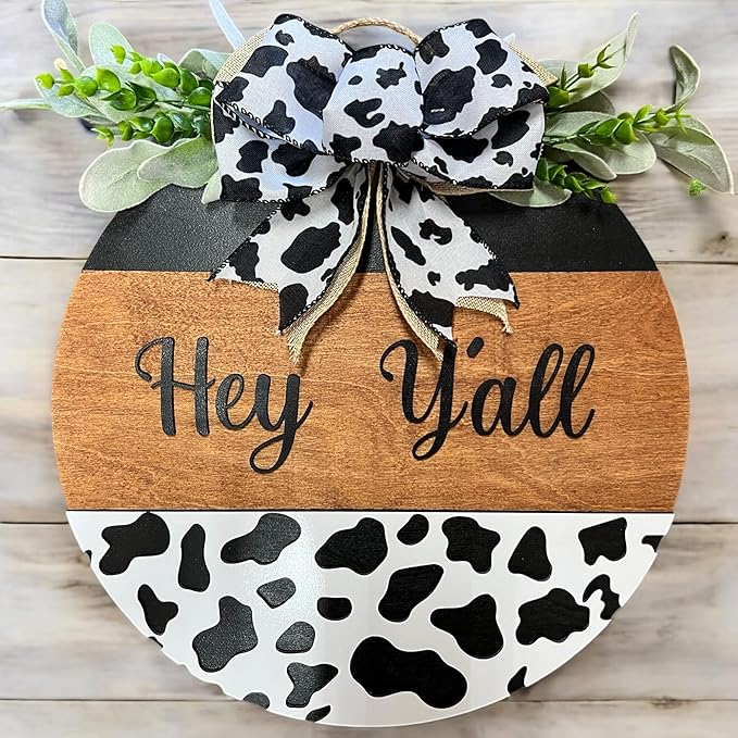 Wood front door sign Wood sign Home decor Welcome sign Sign for front door House warming gift Wedding gift (Hey Yall Cow-DS082(A10) S003, 22" Width)