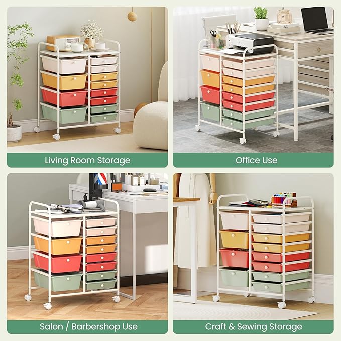 Giantex 12 Drawer Rolling Cart with Drawers, Storage Organizer Cart for Classroom Office School Teacher, Mobile Drawer Cart for Tools, Crafts, Small Printer, Macaron Multicolor