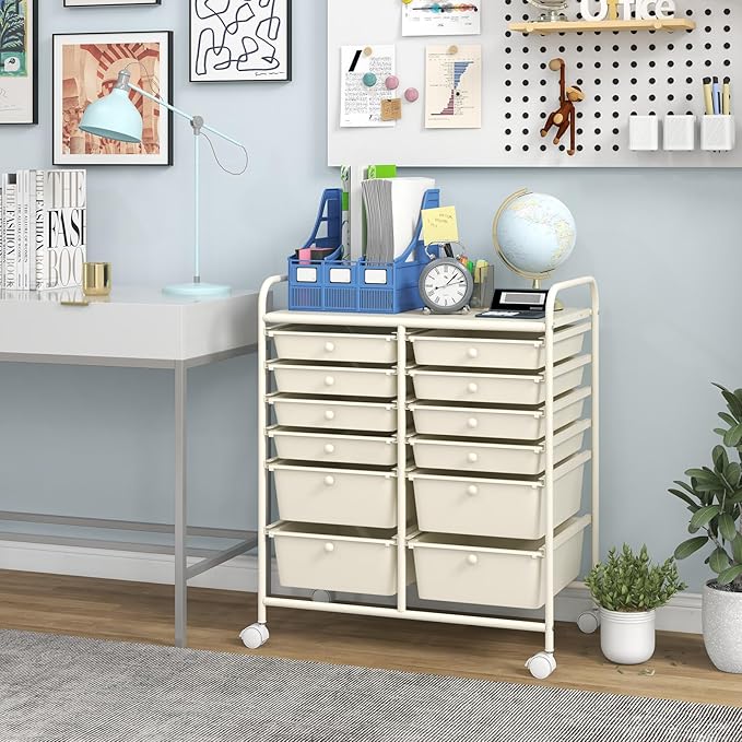Happygrill 12-Drawer Rolling Storage Cart, Multipurpose Storage Cart W/Lockable Wheels, 2 Sizes Plastic Drawers & Metal Shelf, Mobile Utility Cart for Home Office School (Ivory)